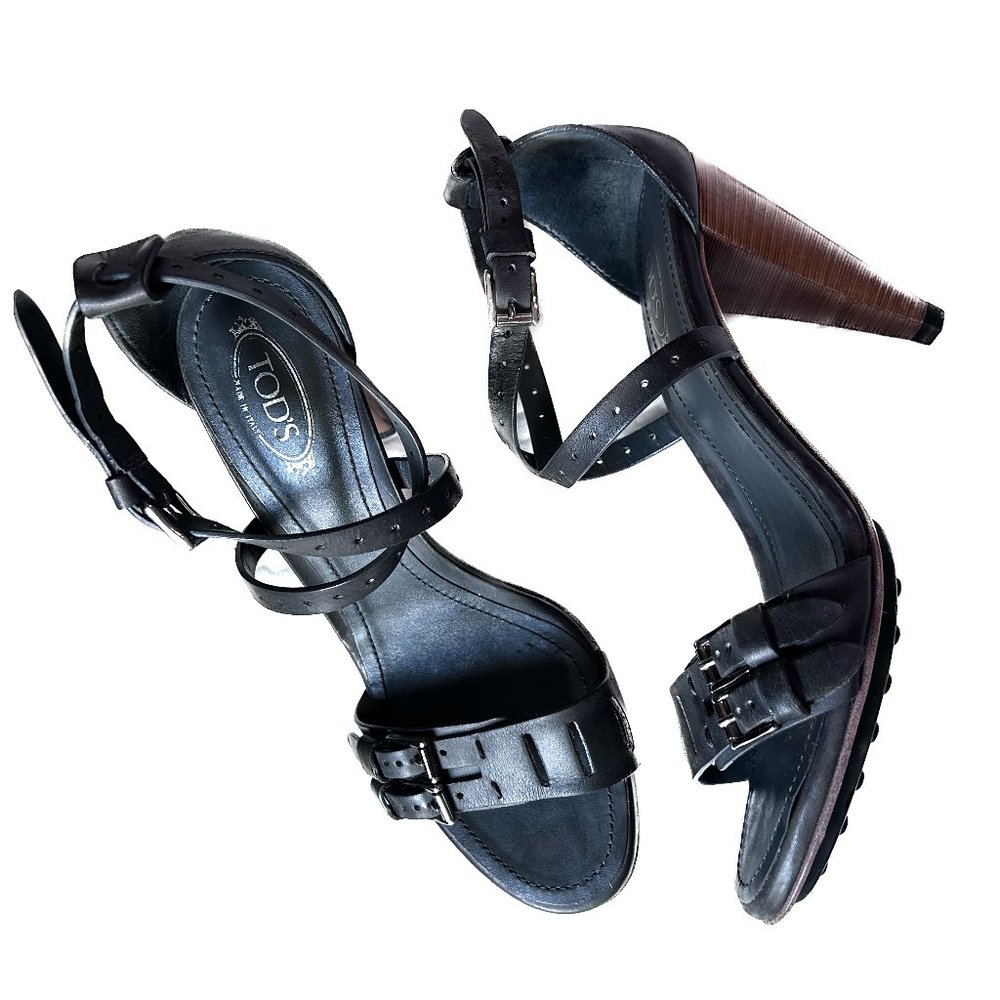 Tom Ford Grey Leather Buckle Strap Sandal Heels Wood Block US 6/6.5 EU 36.5